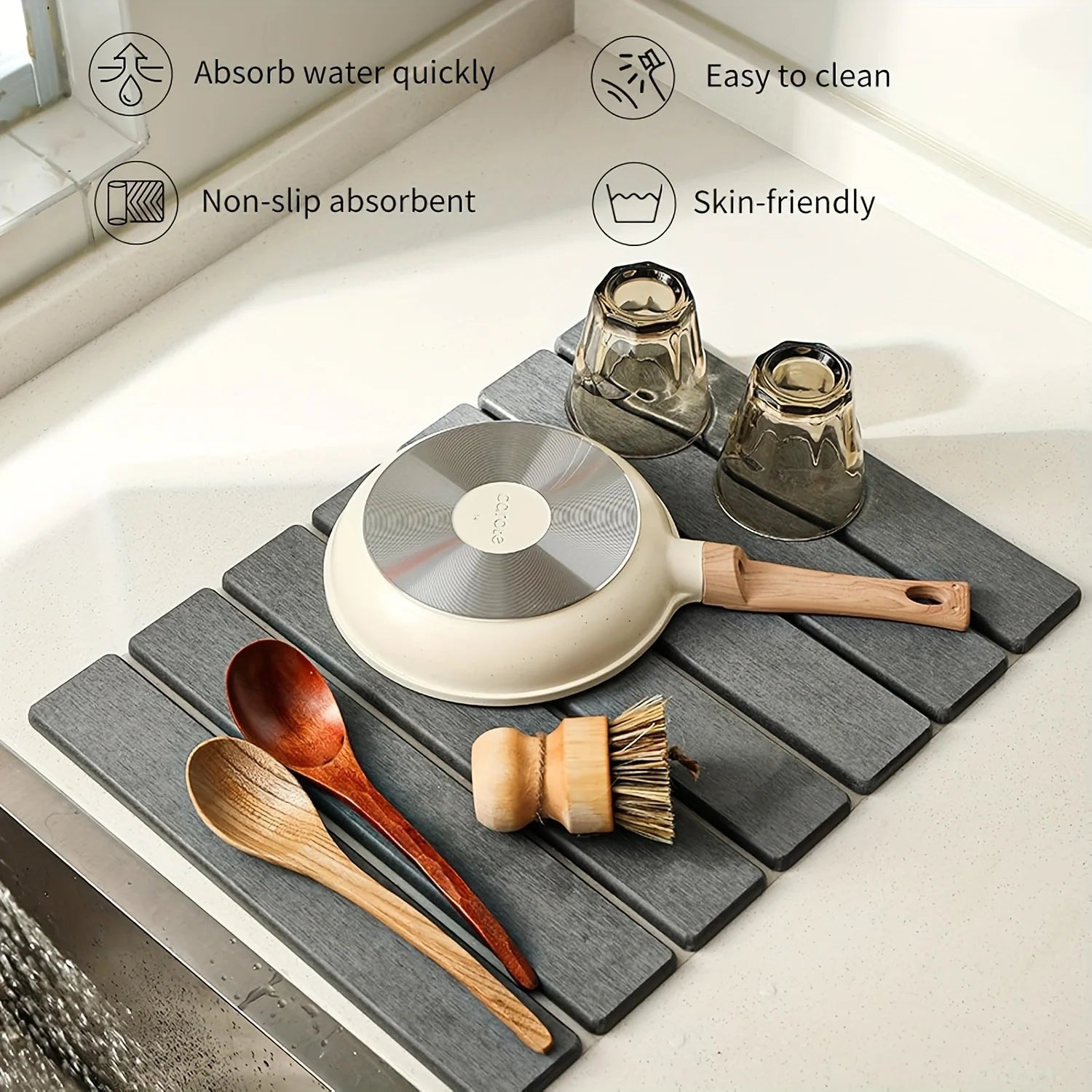 Quick Drying Mat for Kitchen,Dish Drying Mat, Stone Bath Mats for Bathroom, Foldable Diatomaceous Bath Mat, Non-Slip Shower Mat