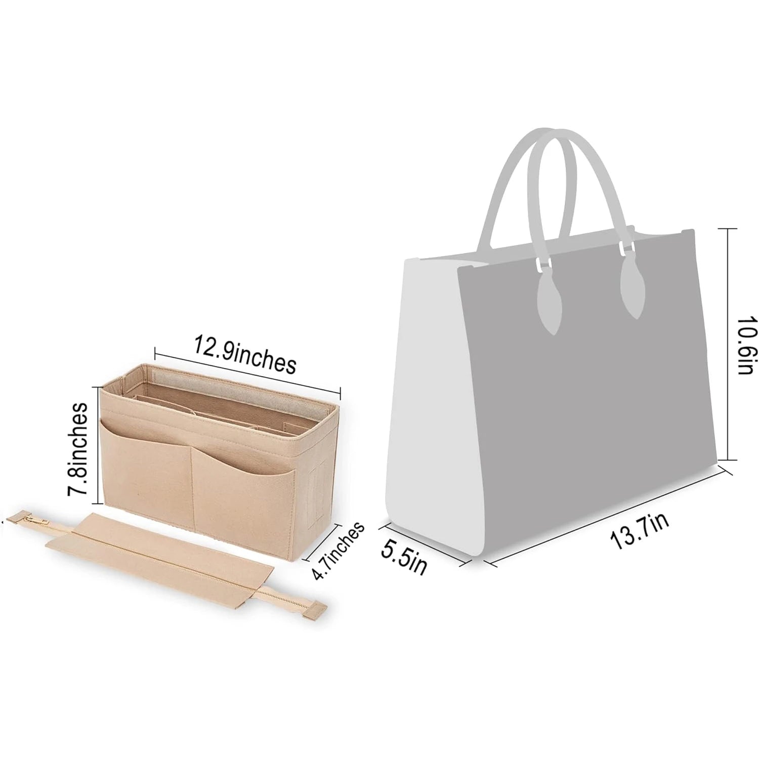 Felt Purse Organizer Insert Onthego MM Handbag Tote Bag Organizer Bag in Bag with Removable Zipper