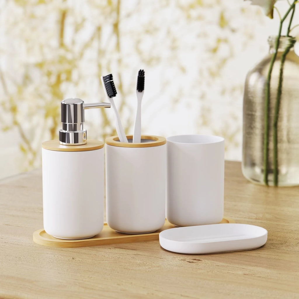 Creative Bathroom 5-piece Washing Set Household Mouthwash Cup Lotion Bottle with Wooden Tray Bathroom Accessories Home Decor