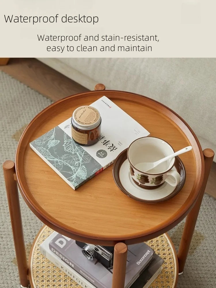Eco-Friendly Bamboo Coffee Table -Sustainable Living Room Furniture Small Wicker Round Table in The Living Room Next To The Sofa