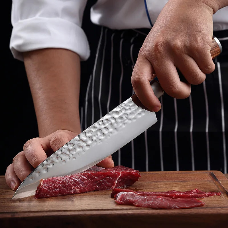Professional kitchen knives, forged hammer-textured chef knives, solid wood-handled fish knives, and kitchen meat cutting knives