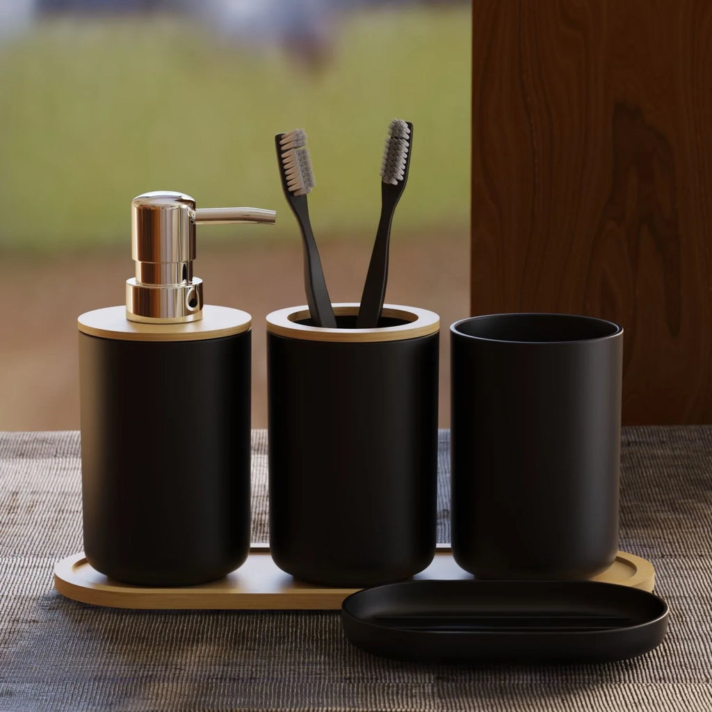 Creative Bathroom 5-piece Washing Set Household Mouthwash Cup Lotion Bottle with Wooden Tray Bathroom Accessories Home Decor