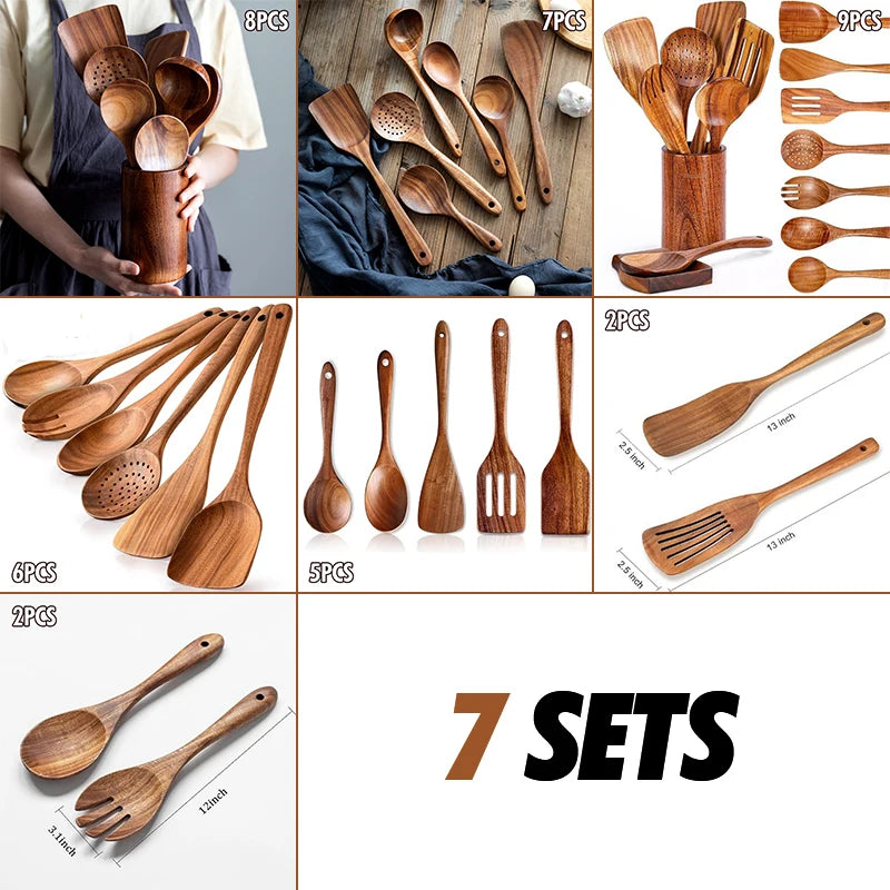 Natural Wood Kitchen Utensil Set  Eco-Friendly Cooking Tools incl Skimmer Spoon Salad Scoop Non-Stick Rice Colander for Soup