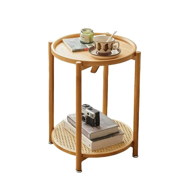 Eco-Friendly Bamboo Coffee Table -Sustainable Living Room Furniture Small Wicker Round Table in The Living Room Next To The Sofa