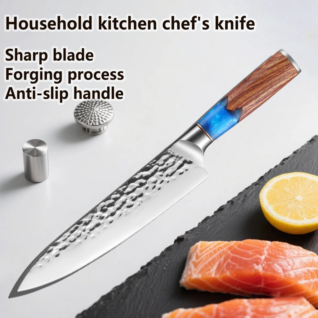 Professional kitchen knives, forged hammer-textured chef knives, solid wood-handled fish knives, and kitchen meat cutting knives