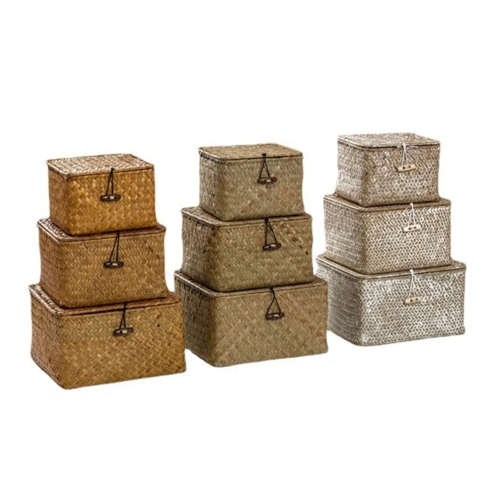 Eco-Friendly Sea Grass Wicker Shelf Baskets Weaving Woven Basket Storage Box with Lid Handwoven Storage Bins Home Organizer