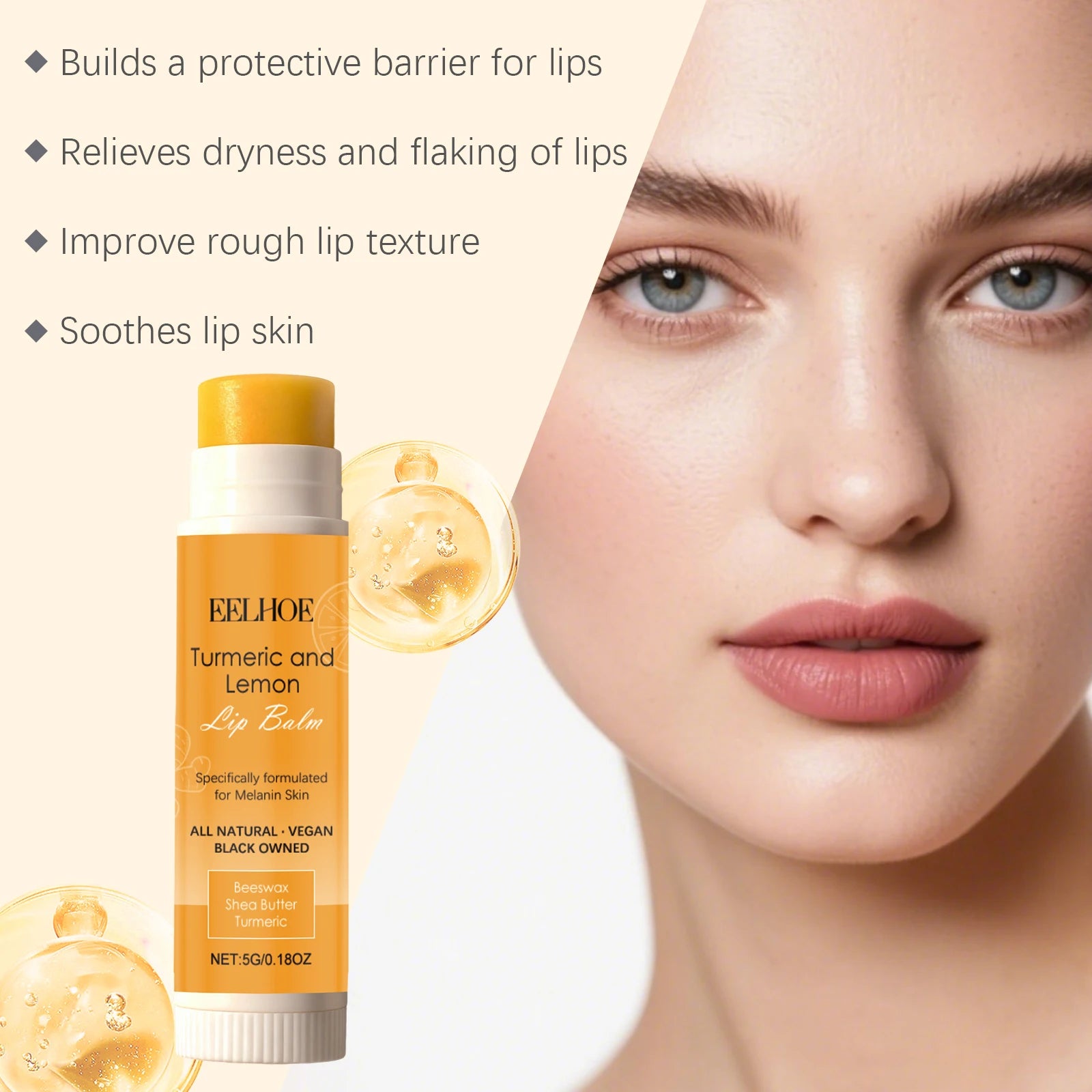Turmeric Lemon Lip Balm Long-Lasting Moisturizing Soothing Lip Care Brightens Dull Lips, Exfoliating Non-Sticky, Pre-Makeup Base