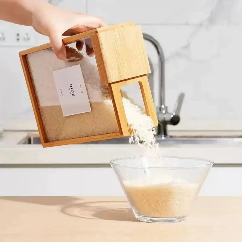 New Household Kitchen Bamboo and Wood Sliding Grain Storage Box Wooden Food Storage Box Dispenser