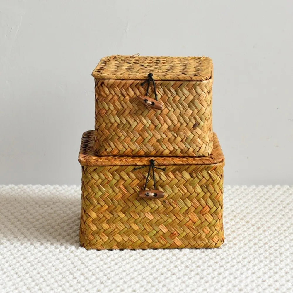 Eco-Friendly Sea Grass Wicker Shelf Baskets Weaving Woven Basket Storage Box with Lid Handwoven Storage Bins Home Organizer