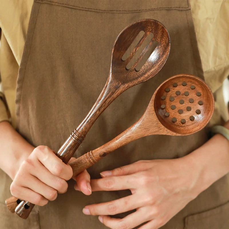 Natural Wood Kitchen Utensil Set  Eco-Friendly Cooking Tools incl Skimmer Spoon Salad Scoop Non-Stick Rice Colander for Soup