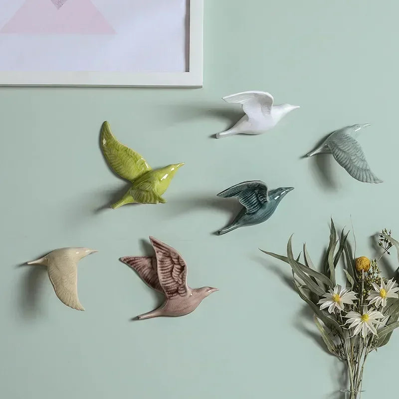 Eco-friendly Ceramics Birds 3d Wall Sticker Living Room Animal Figurine Murals Wall Background Decorative Home Decor Birds Cute