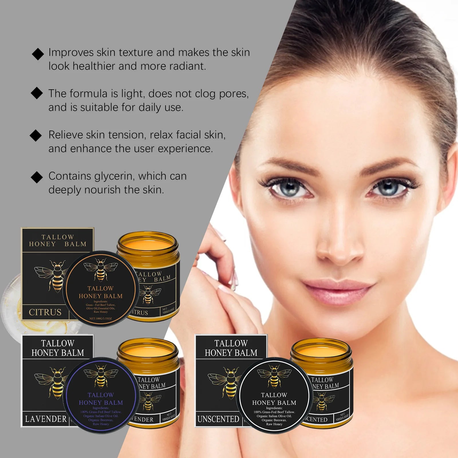 Beef Tallow Honey Balm Deeply Nourishing Moisturizing Skin Barrier Repair Care Natural Organic Grass Fed Beef Tallow Balm 100g