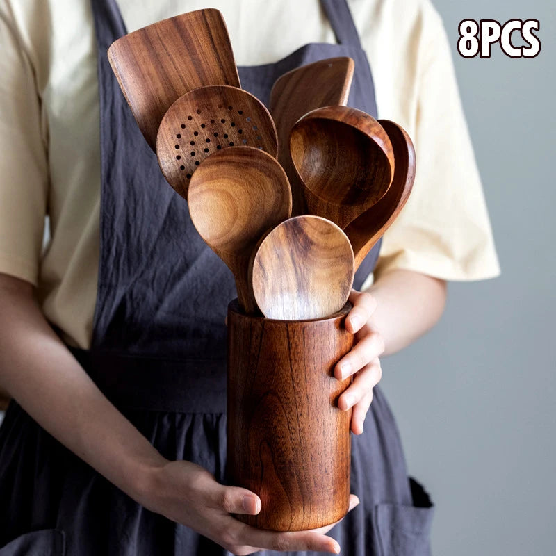 Natural Wood Kitchen Utensil Set  Eco-Friendly Cooking Tools incl Skimmer Spoon Salad Scoop Non-Stick Rice Colander for Soup