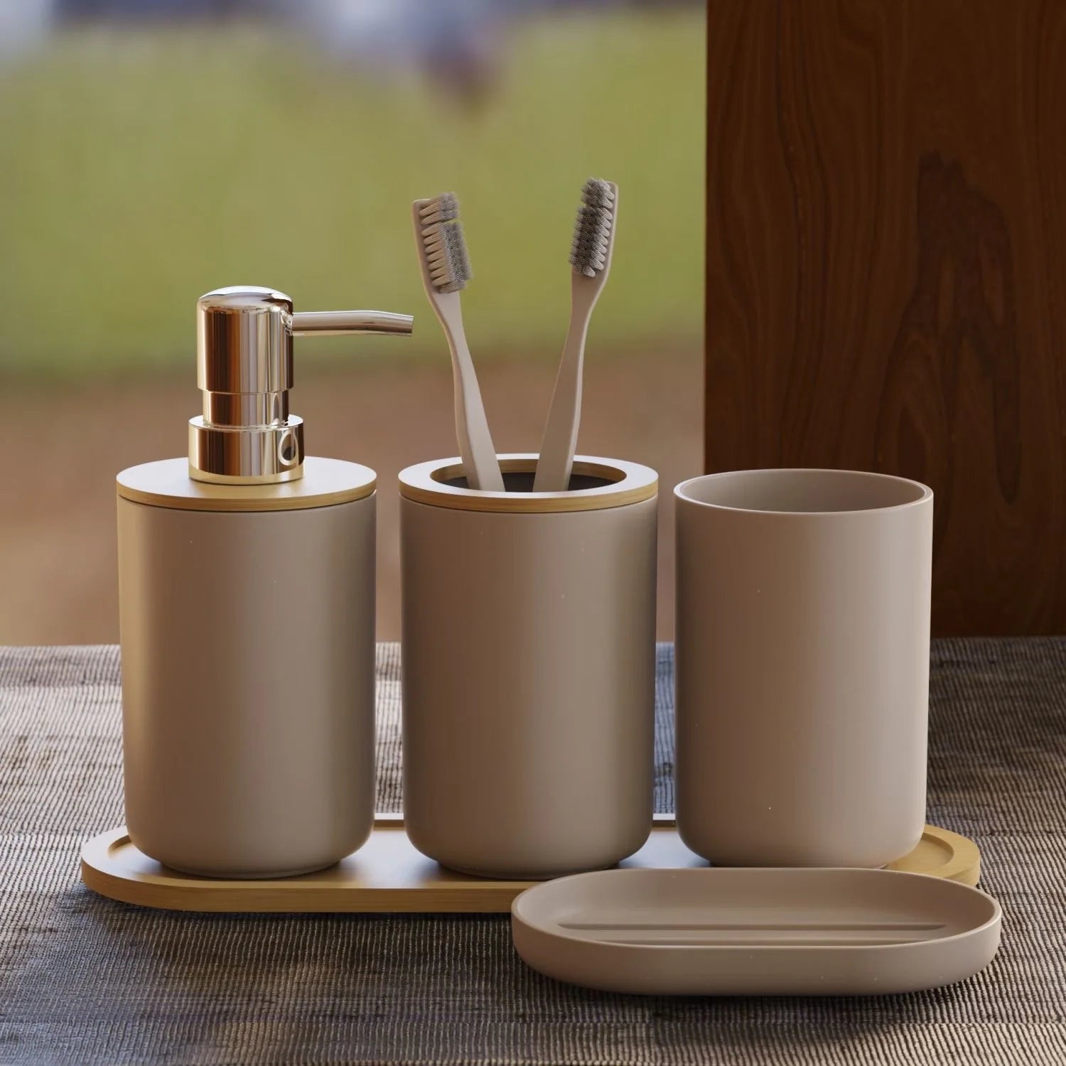 Creative Bathroom 5-piece Washing Set Household Mouthwash Cup Lotion Bottle with Wooden Tray Bathroom Accessories Home Decor