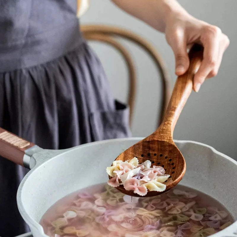 Natural Wood Kitchen Utensil Set  Eco-Friendly Cooking Tools incl Skimmer Spoon Salad Scoop Non-Stick Rice Colander for Soup