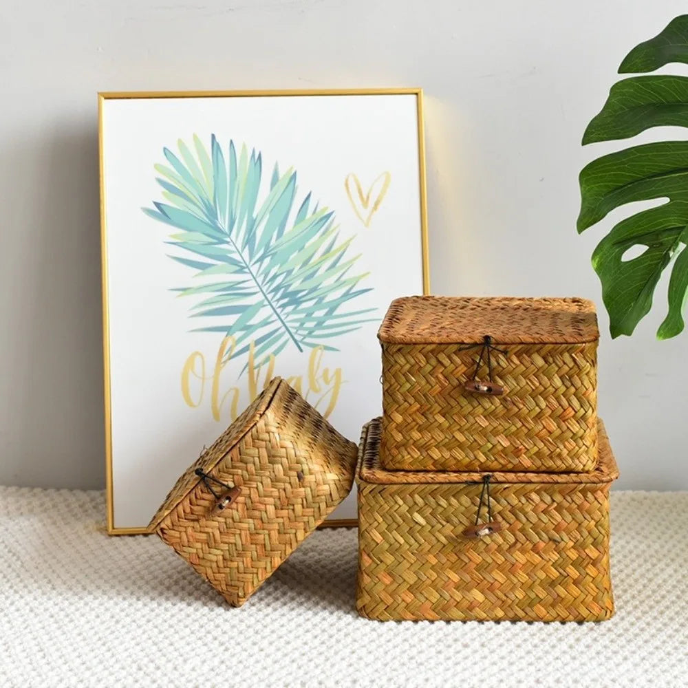 Eco-Friendly Sea Grass Wicker Shelf Baskets Weaving Woven Basket Storage Box with Lid Handwoven Storage Bins Home Organizer