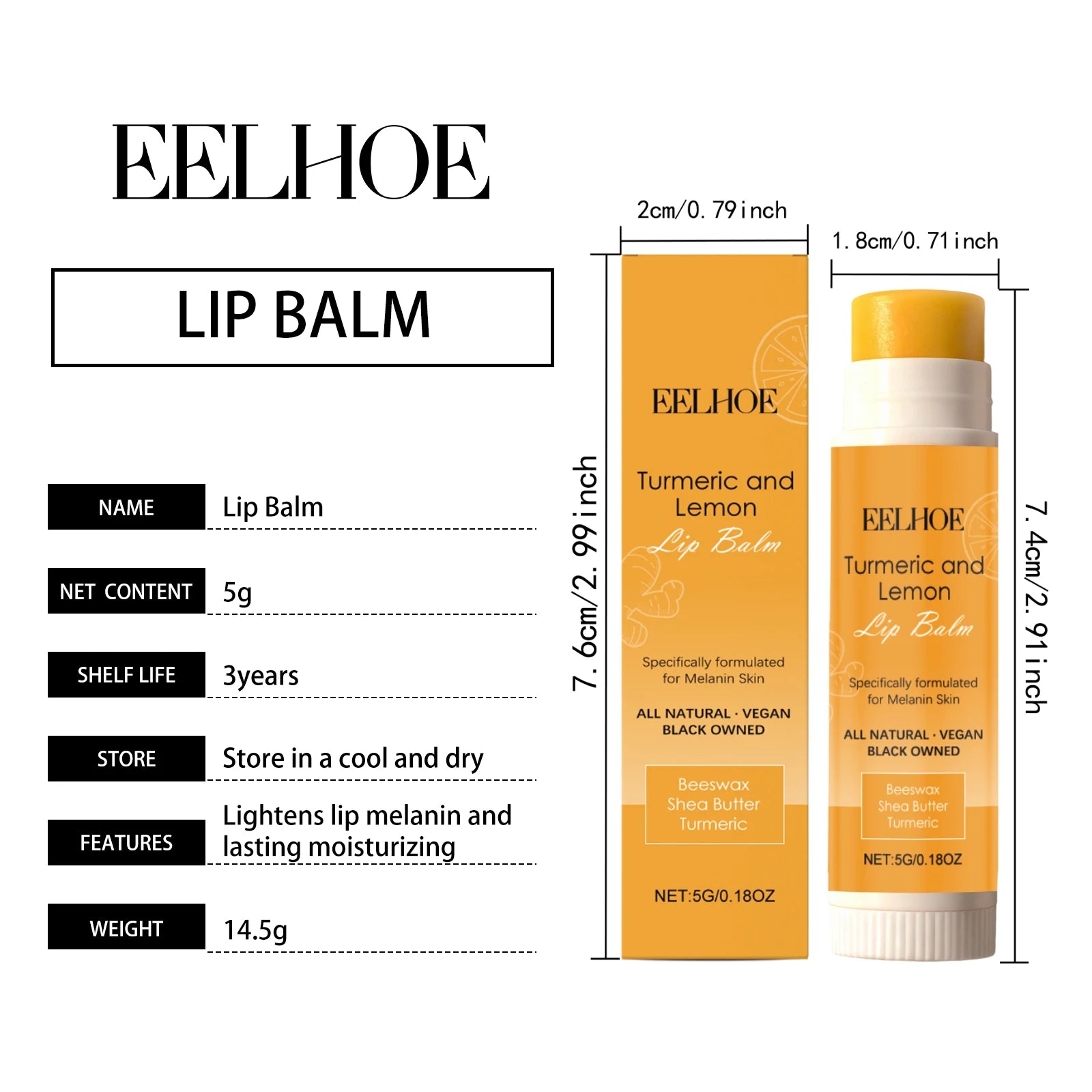 Turmeric Lemon Lip Balm Long-Lasting Moisturizing Soothing Lip Care Brightens Dull Lips, Exfoliating Non-Sticky, Pre-Makeup Base