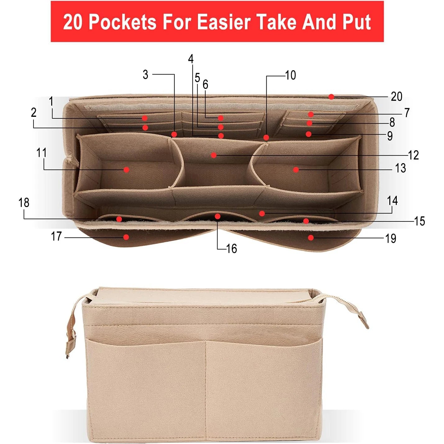 Felt Purse Organizer Insert Onthego MM Handbag Tote Bag Organizer Bag in Bag with Removable Zipper