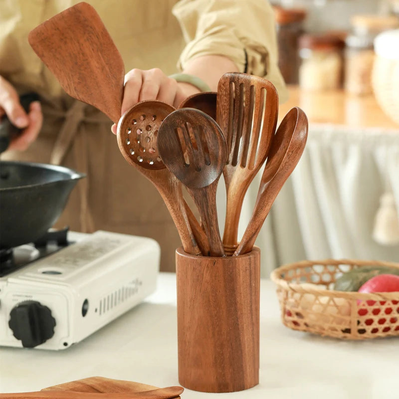 Natural Wood Kitchen Utensil Set  Eco-Friendly Cooking Tools incl Skimmer Spoon Salad Scoop Non-Stick Rice Colander for Soup