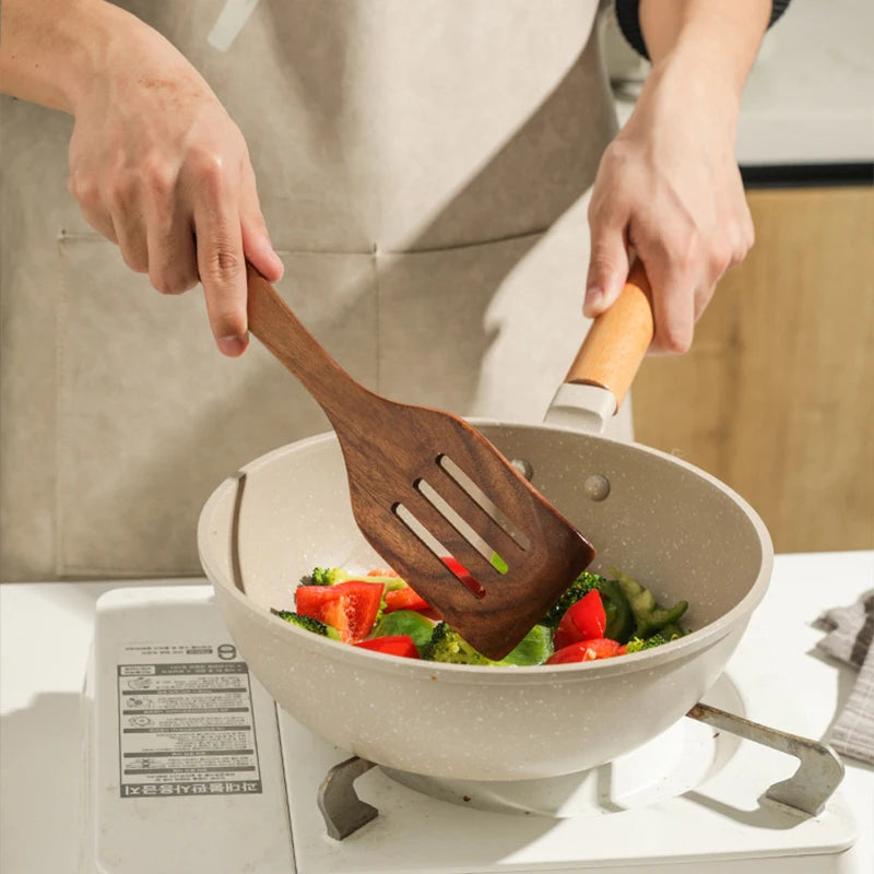 Natural Wood Kitchen Utensil Set  Eco-Friendly Cooking Tools incl Skimmer Spoon Salad Scoop Non-Stick Rice Colander for Soup