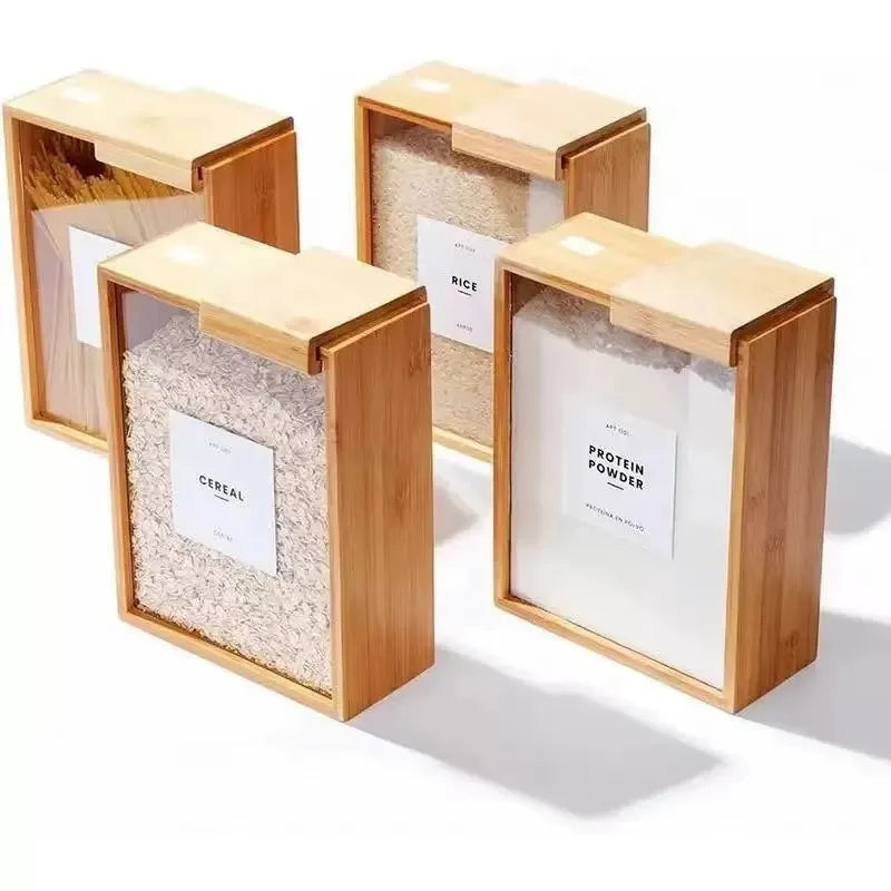 New Household Kitchen Bamboo and Wood Sliding Grain Storage Box Wooden Food Storage Box Dispenser