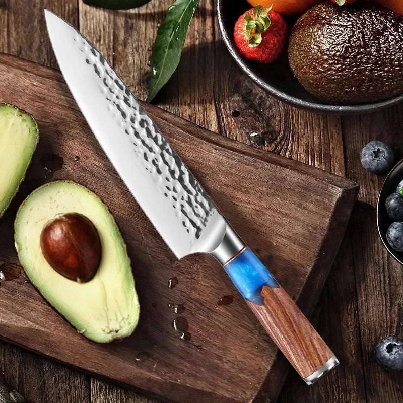 Professional kitchen knives, forged hammer-textured chef knives, solid wood-handled fish knives, and kitchen meat cutting knives