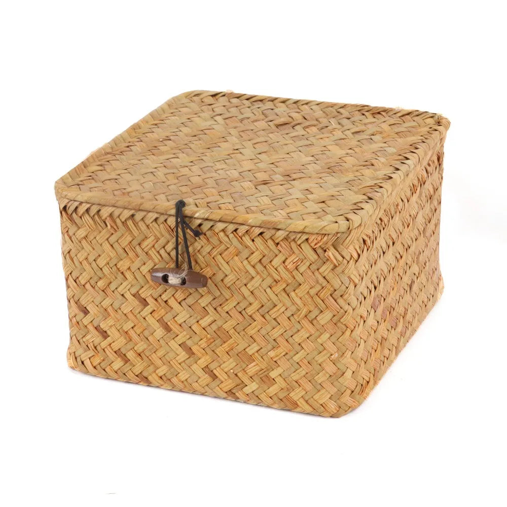 Eco-Friendly Sea Grass Wicker Shelf Baskets Weaving Woven Basket Storage Box with Lid Handwoven Storage Bins Home Organizer