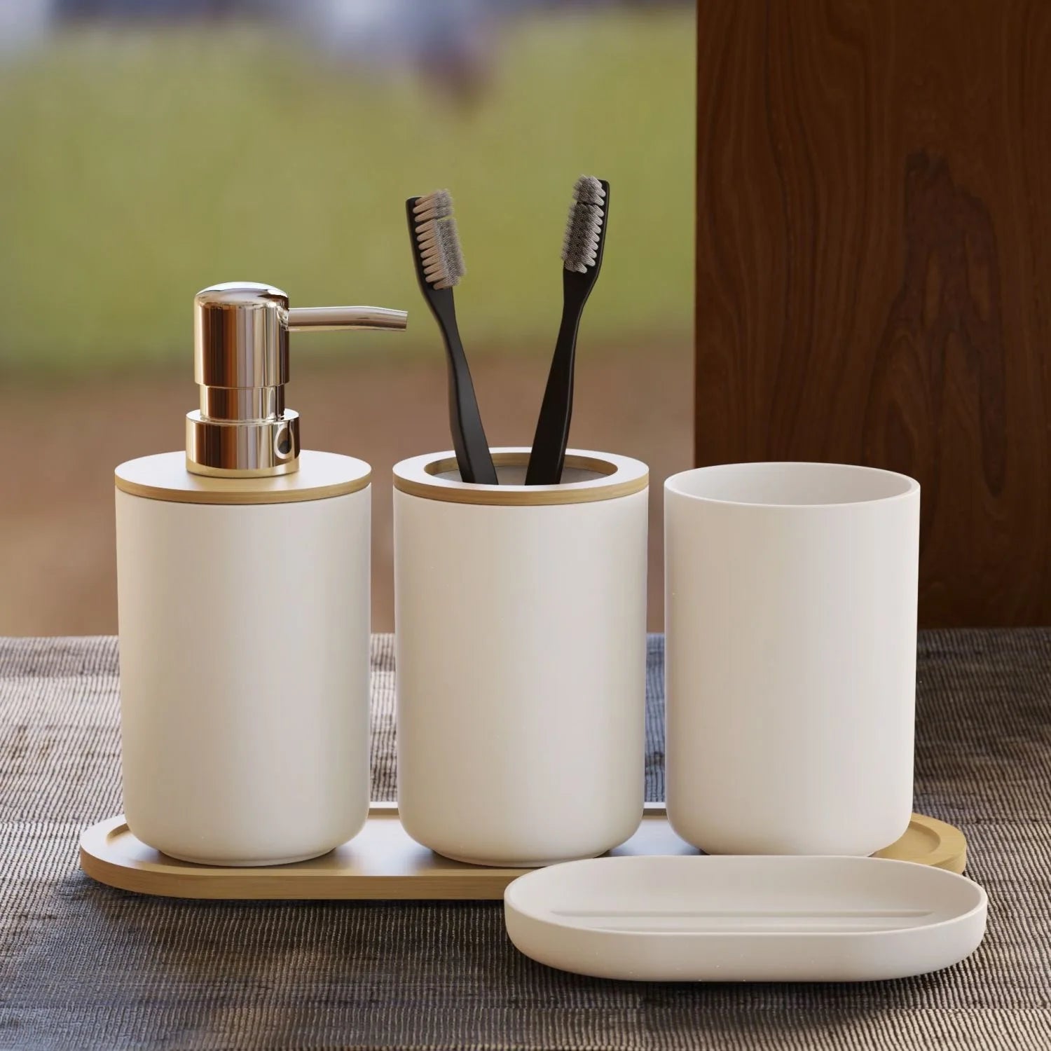 Creative Bathroom 5-piece Washing Set Household Mouthwash Cup Lotion Bottle with Wooden Tray Bathroom Accessories Home Decor
