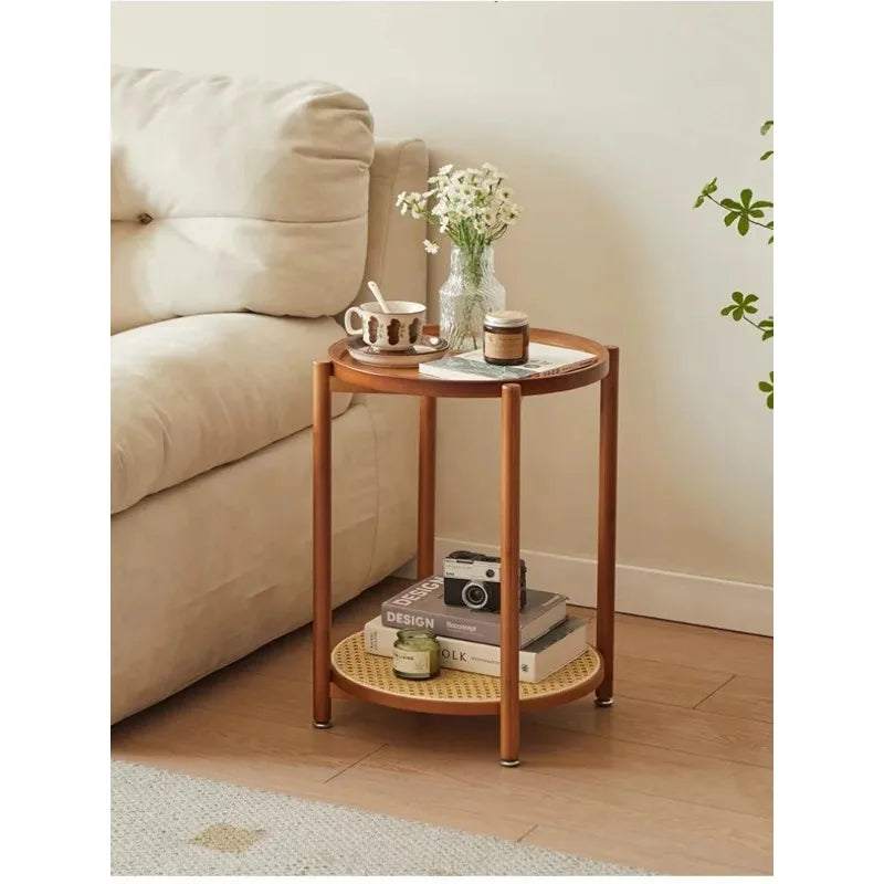 Eco-Friendly Bamboo Coffee Table -Sustainable Living Room Furniture Small Wicker Round Table in The Living Room Next To The Sofa