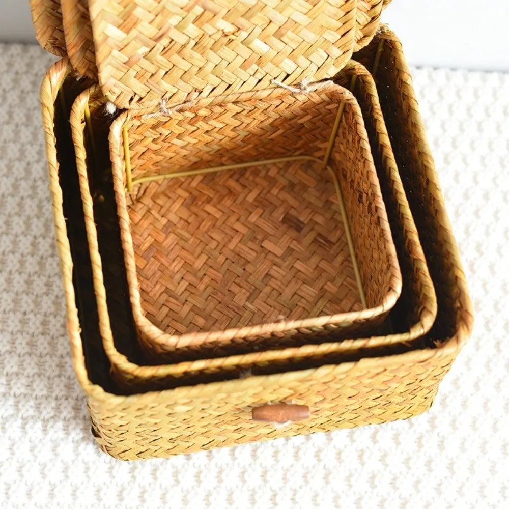 Eco-Friendly Sea Grass Wicker Shelf Baskets Weaving Woven Basket Storage Box with Lid Handwoven Storage Bins Home Organizer