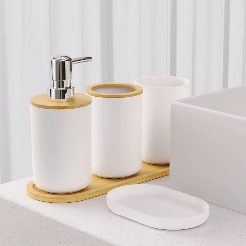 Creative Bathroom 5-piece Washing Set Household Mouthwash Cup Lotion Bottle with Wooden Tray Bathroom Accessories Home Decor