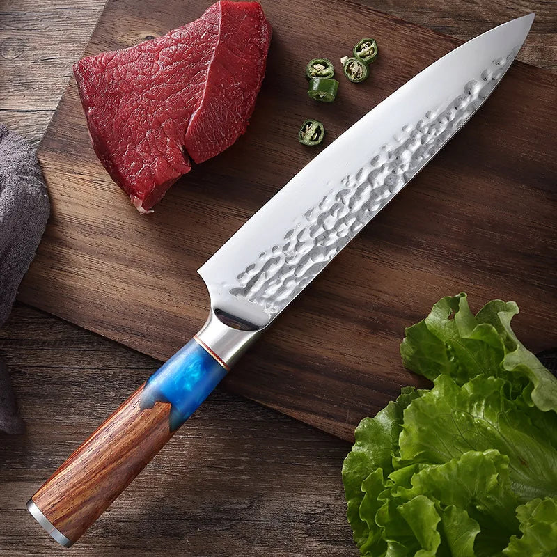 Professional kitchen knives, forged hammer-textured chef knives, solid wood-handled fish knives, and kitchen meat cutting knives